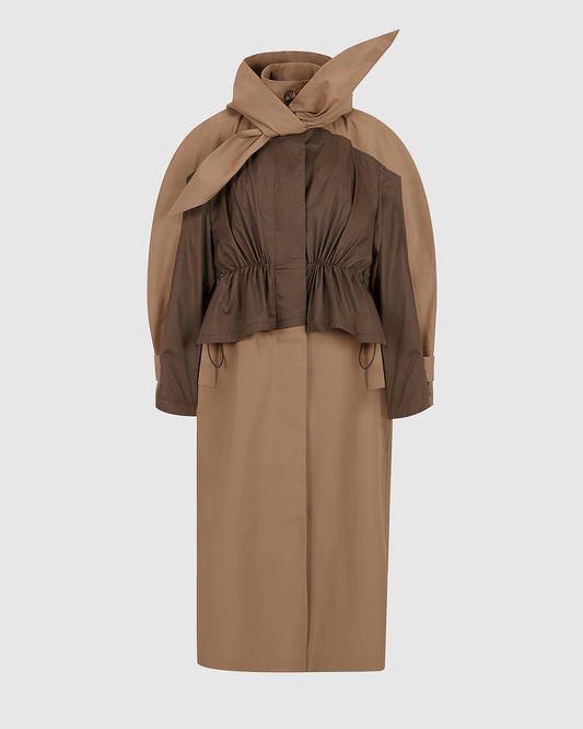 BEIGE AND GREEN HOODED TRENCH COAT