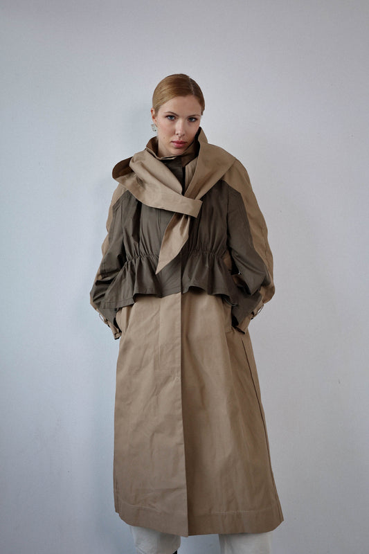 HOODED TRENCH COAT - BEIGE AND GREEN